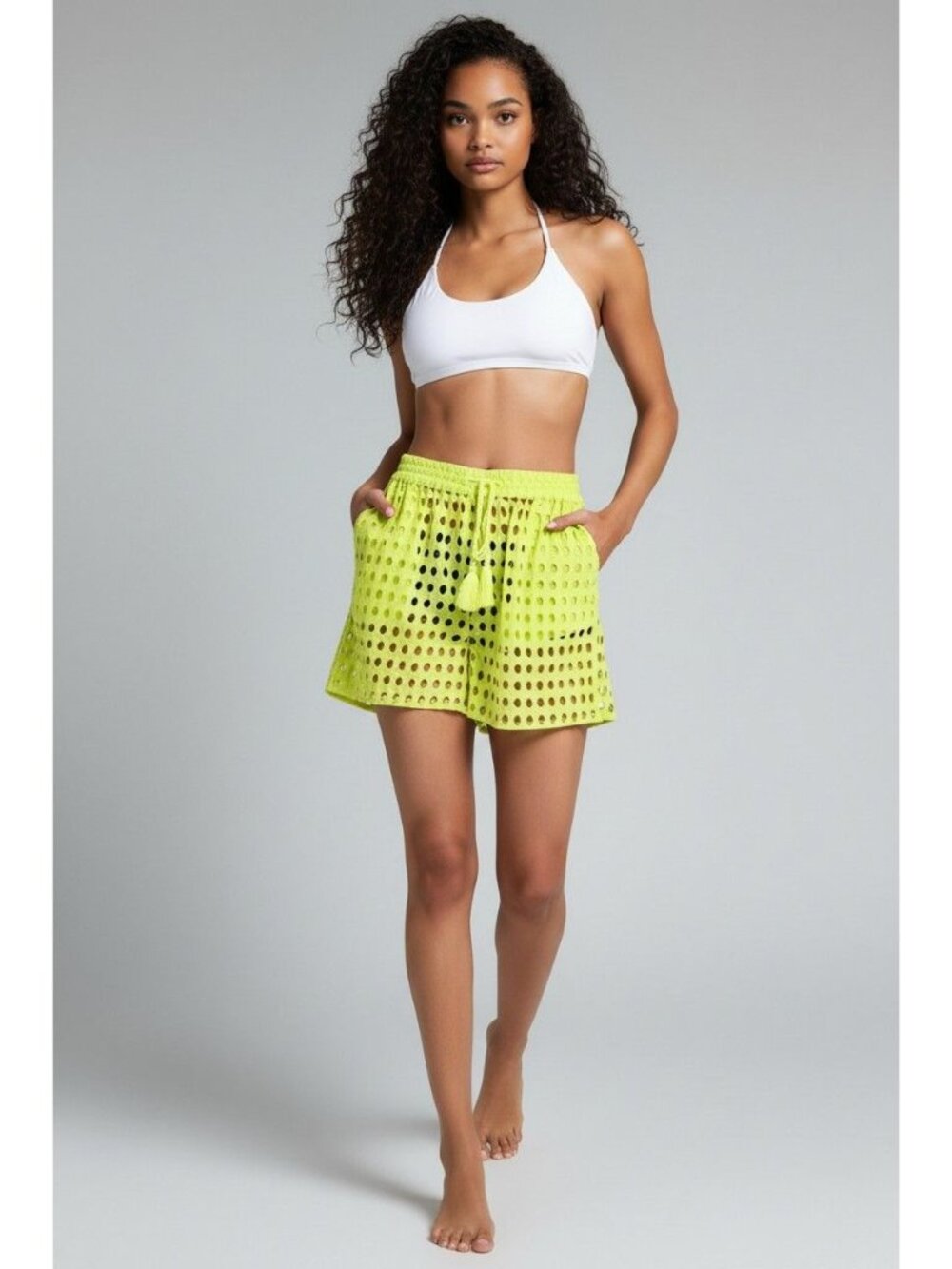 Dotti Women's Cotton Openwork Dot Drawstring-Waist Cover-up Shorts, Citrine